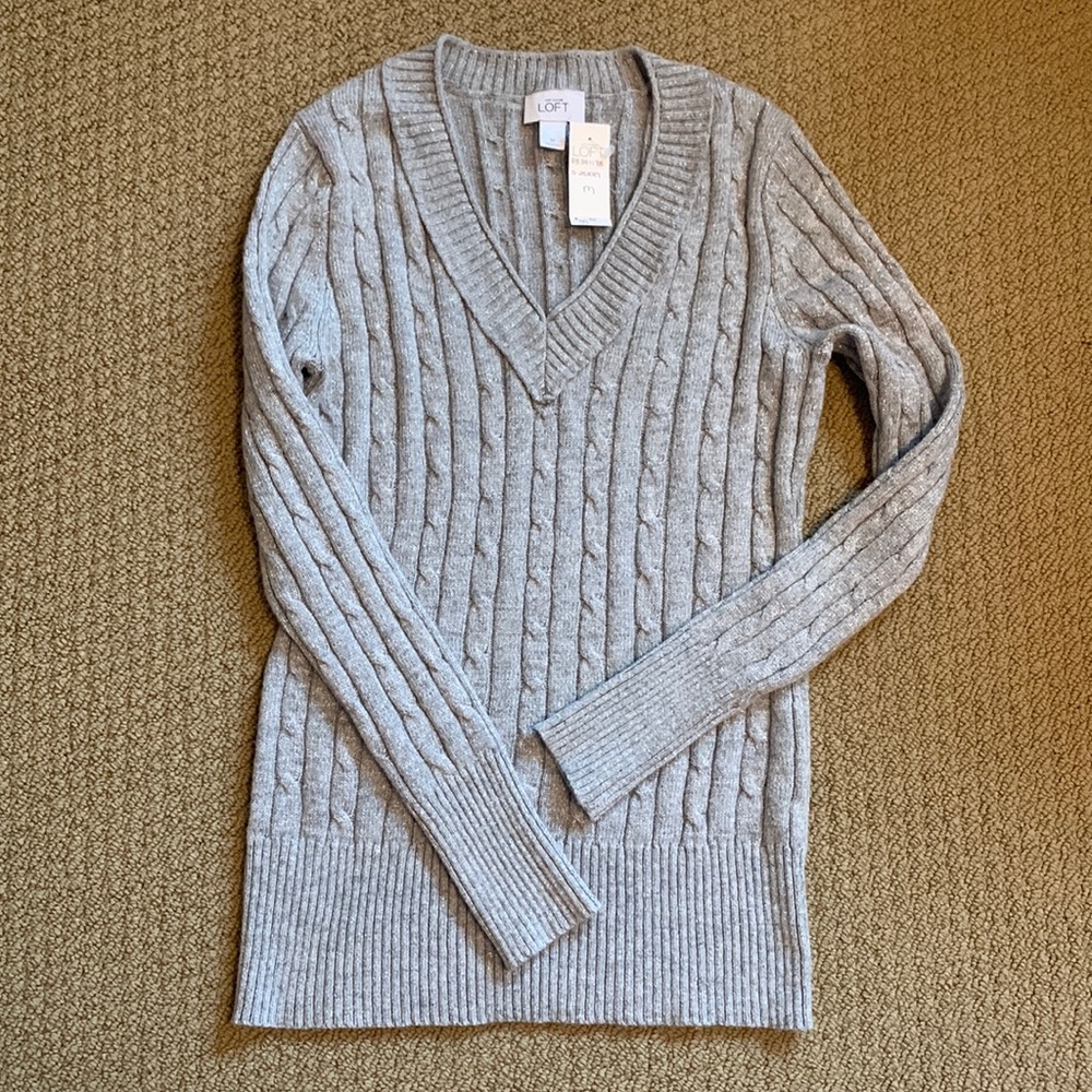 Loft long sleeve v-neck sweater, grey with metallic silver threads.  Sparkly!